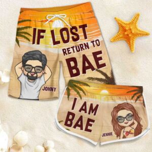 Lively Design Beach Short If Lost Return To Bae - Funny Personalized Custom Tropical Hawaiian Aloha Couple Beach Shorts - Summer Vacation Gift, Birthday Party Gift For Husband Wife