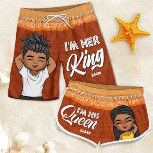Lively Design Beach Short I'm Her King - Personalized Couple Beach Shorts - Gift For Couples, Husband Wife Set of 4