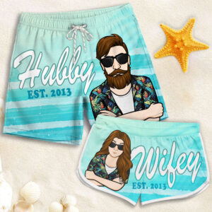 Lively Design Beach Short Hubby And Wifey - Personalized Couple Beach Shorts - Gift For Couples, Husband Wife Set of 10