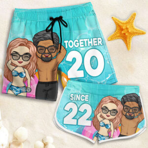 Lively Design Beach Short You And Me Together Since - Personalized Couple Beach Shorts - Gift For Couples, Husband Wife Set of 3