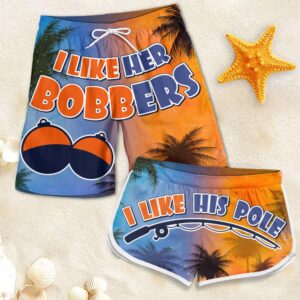Classic Touch Beach Short Like Her Bobbers, Like His Pole - Couple Beach Shorts - Gift For Couples, Husband Wife Set of 10