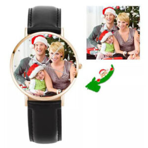Attractive Color Personalized Watch Set of 3 - Unisex Rose Goldtone Photo Watch Black Leather Strap