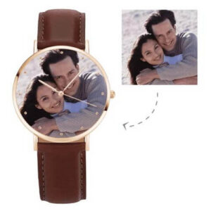 Attractive Color Personalized Watch Set of 3 - Unisex Rose Goldtone Photo Watch Brown Leather Strap