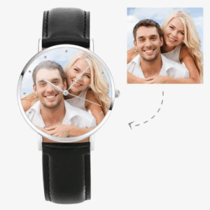 Attractive Color Personalized Watch - Black Leather Strap Photo Watch with Personalized Engraving