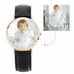 Retro Style Personalized Watch Set of 3 - Womens Rose Goldtone Photo Watch Black Leather Strap