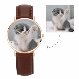 Retro Style Personalized Watch Set of 3 - Womens Rose Goldtone Photo Watch Brown Leather Strap