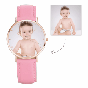 Retro Style Personalized Watch Set of 3 - Womens Rose Goldtone Photo Watch Pink Leather Strap