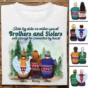 Classic Touch T-shirt Sides by Sides or Miles Apart Brothers & Sisters Will Always Be Connected by Heart Personalized Unisex T-shirt (Lake) Set of 4