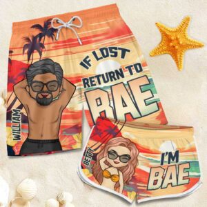 Classic Touch Beach Short If Lost, Return To My Bae - Funny Personalized Custom Tropical Hawaiian Aloha Couple Beach Shorts - Summer Vacation Gift, Birthday Party Gift For Husband Wife
